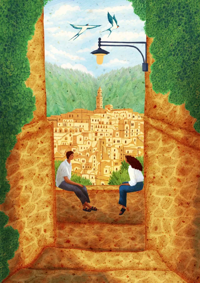 Rosanna Tasker illustration of two people overlooking a hillside city