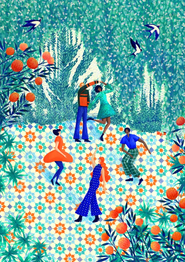 Rosanna Tasker artwork showing figures in a colorful floral garden