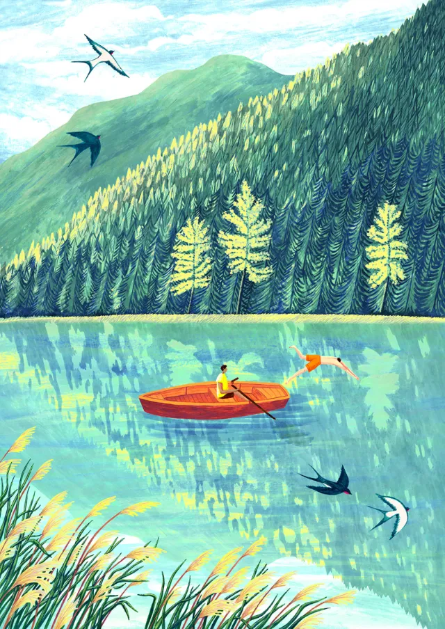 Rosanna Tasker painting of a red canoe on a reflective mountain lake