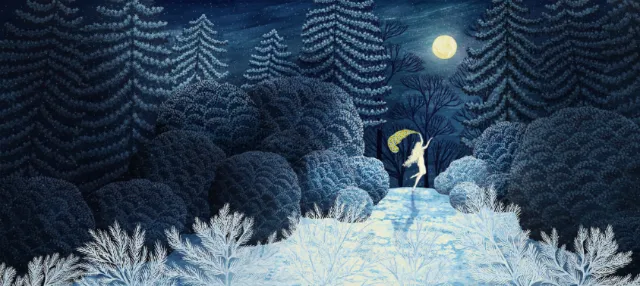Moonlit snowy forest path by Rosanna Tasker