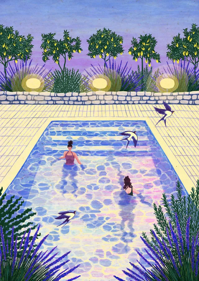 Rosanna Tasker illustration of swimmers in a colorful garden pool