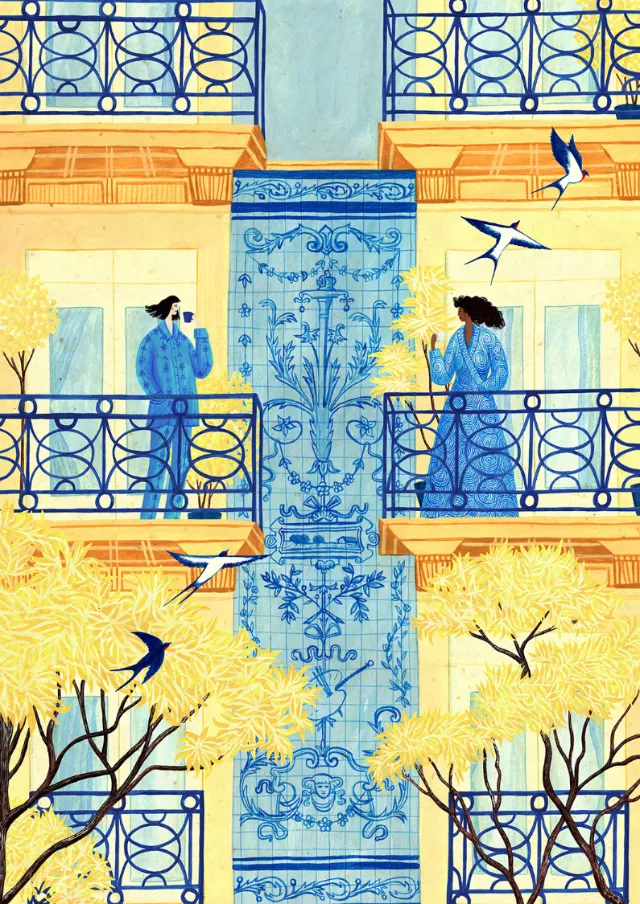 Rosanna Tasker illustration of blue balconies, golden trees, figures, and flying birds