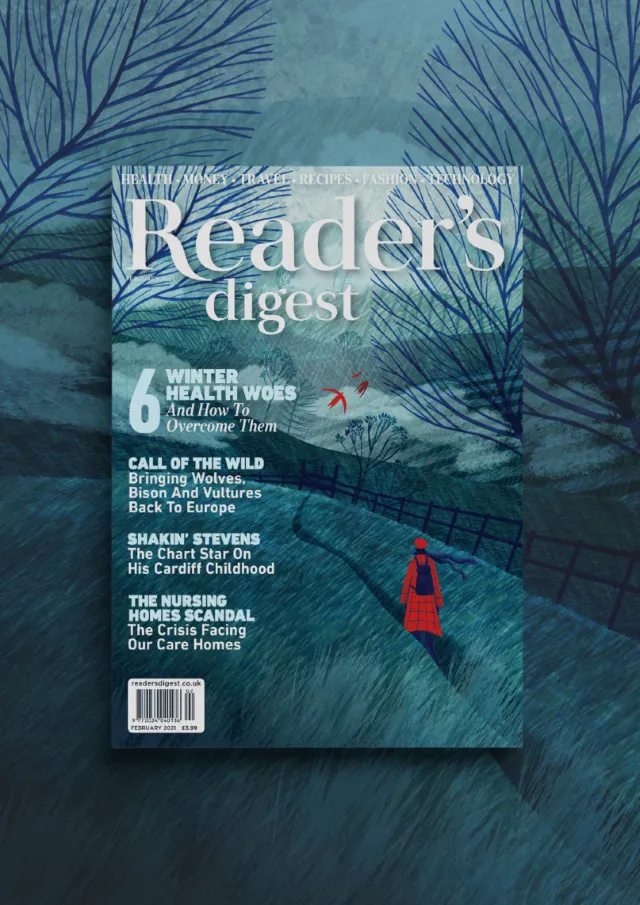 Rosanna Tasker's blue-toned artwork featuring a Reader's Digest magazine on a winding path