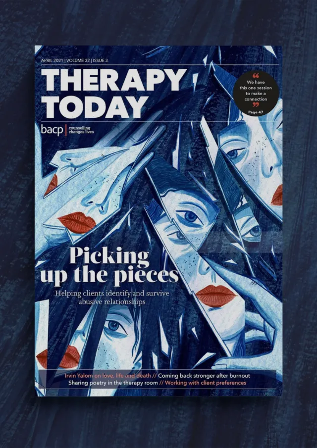 Therapy Today cover with fragmented faces and paper planes by Rosanna Tasker