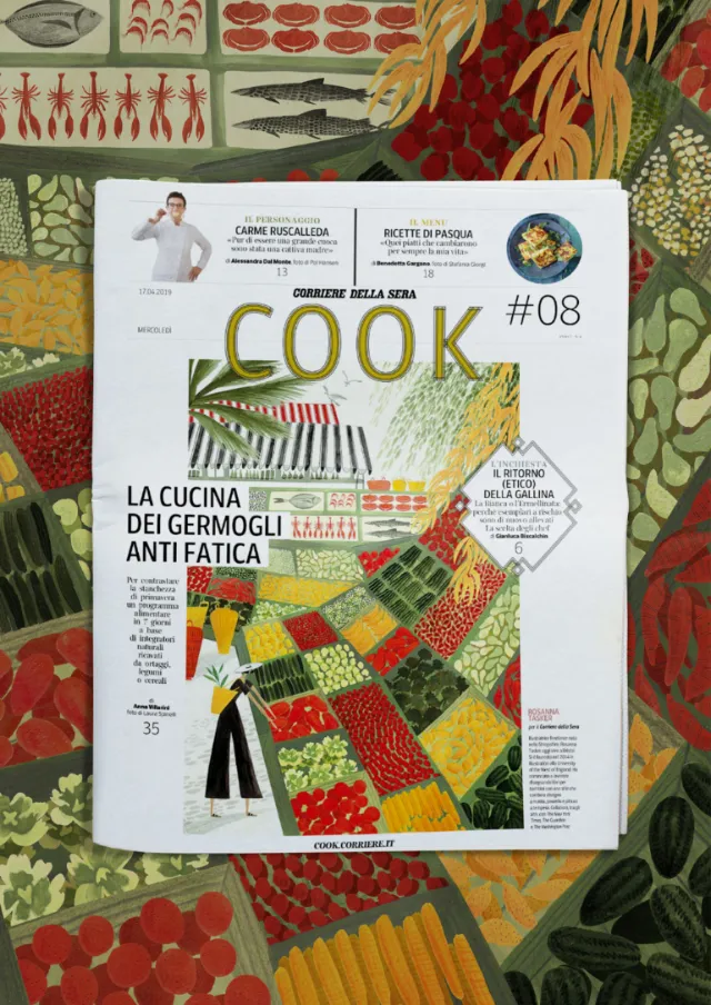 Rosanna Tasker's artwork with a COOK #08 magazine cover surrounded by botanical patterns