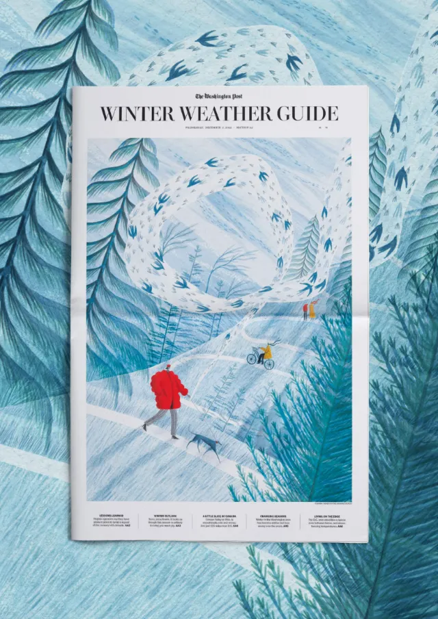 Rosanna Tasker illustration of a snowy forest with walkers and cyclists