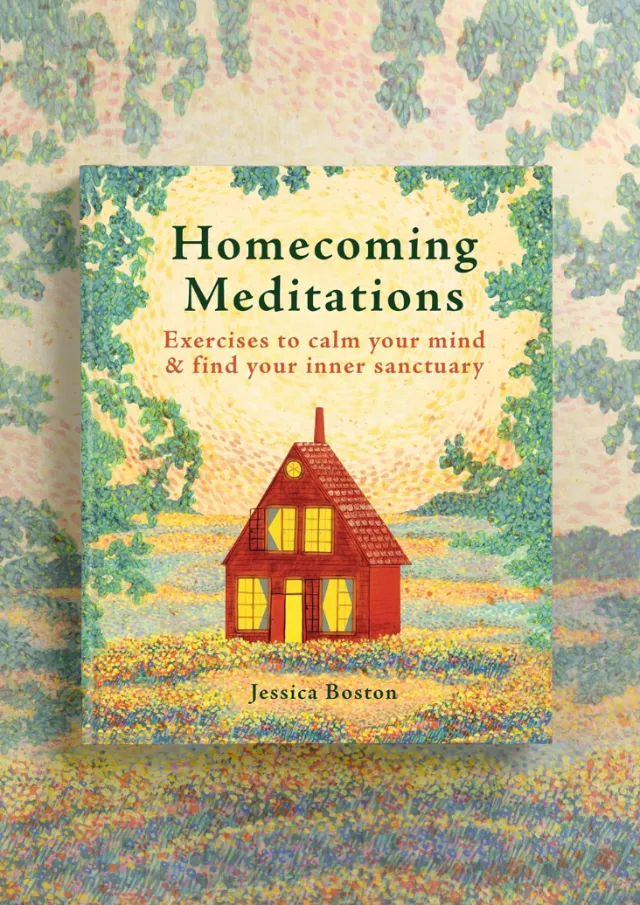Rosanna Tasker illustration of the Homecoming Meditations book cover with a red cottage
