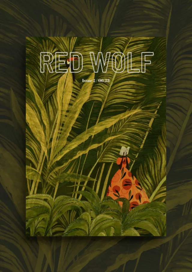 Red Wolf illustration by Rosanna Tasker surrounded by tropical foliage