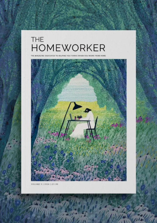 Rosanna Tasker illustration of a person working at a desk in a forest meadow