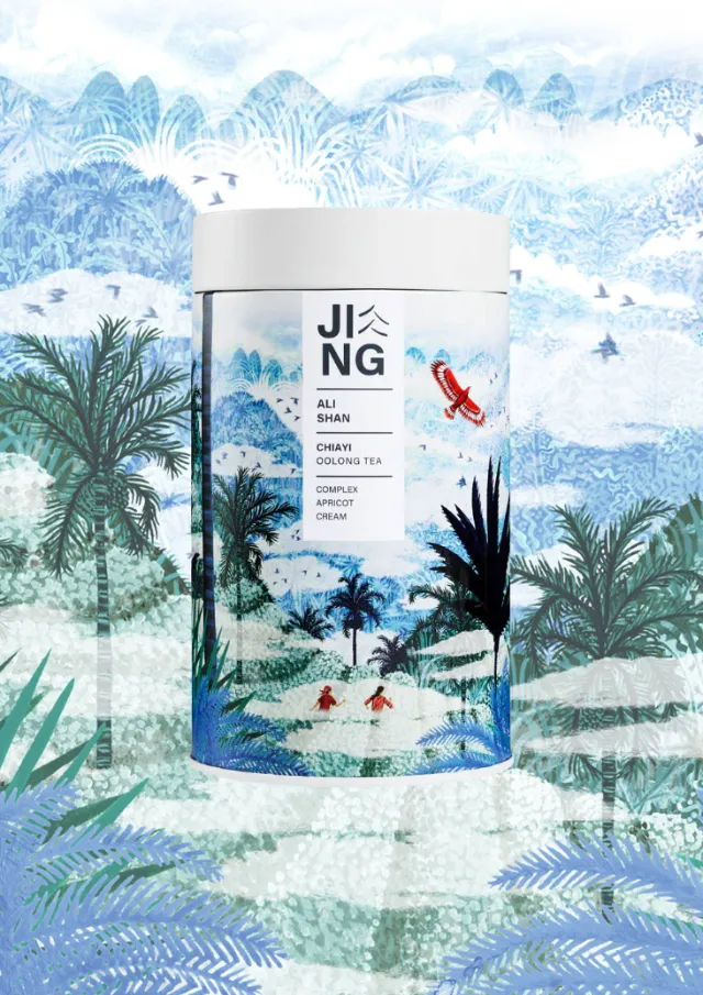 Rosanna Tasker artwork showing cylindrical packaging in a tropical landscape