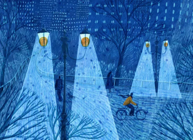 Rosanna Tasker illustration of a cyclist riding among glowing lights in a blue forest