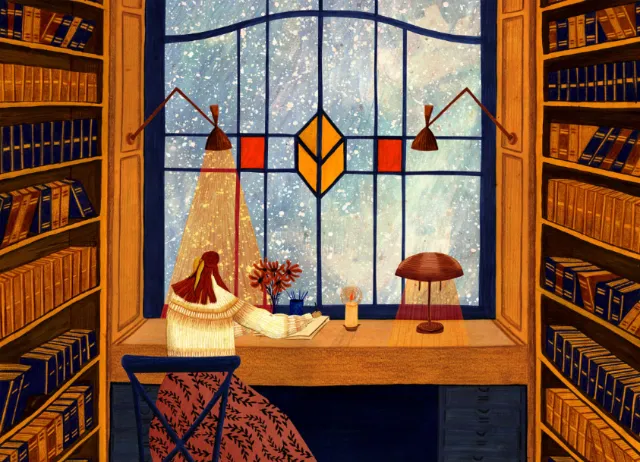 Rosanna Tasker illustration of a cozy library with bookshelves and a stained glass window