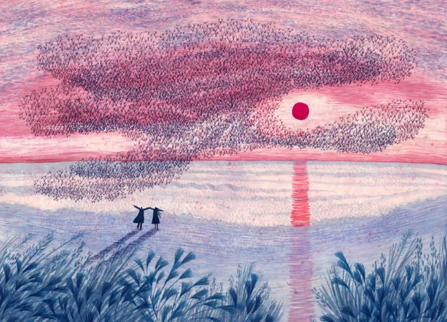 Pastel waterscape with a red sun by Rosanna Tasker