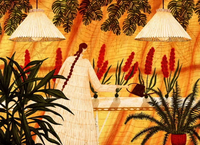 Rosanna Tasker illustration of women, tropical plants, and glowing lamps.