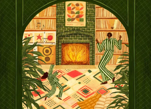 Illustration by Rosanna Tasker showing a colorful living room with two striped figures