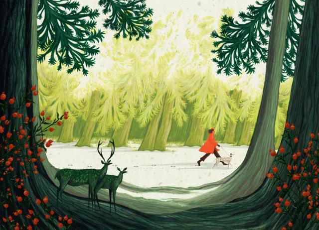 Rosanna Tasker illustration of a red-coated child in a snowy forest with deer