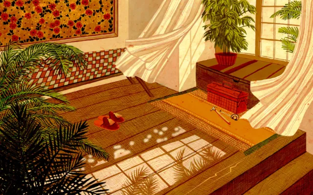 Sunlit room with plants and rugs, illustrated by Rosanna Tasker.