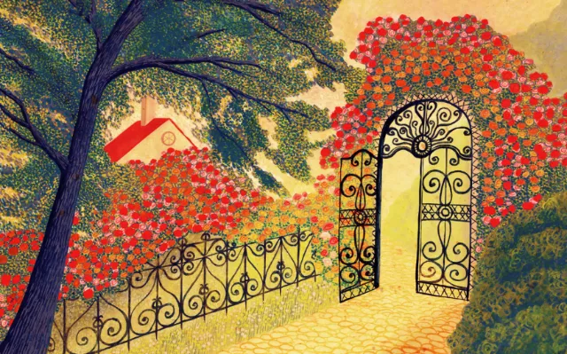 Rosanna Tasker illustration of an ornate gate opening to a flower-filled garden