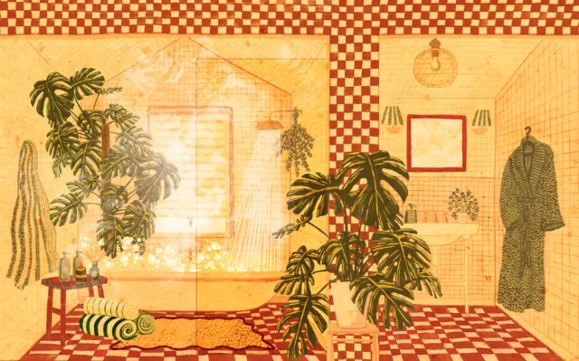 Rosanna Tasker illustration of a tropical checkerboard interior with plants and garment display
