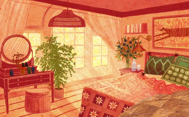 Rosanna Tasker's warm bedroom interior with plants and patterned textiles