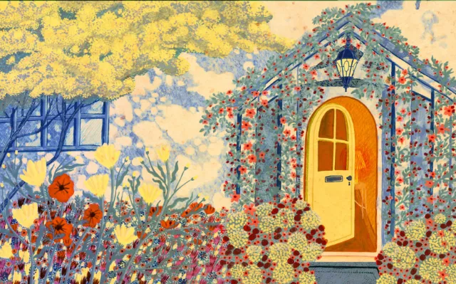 Rosanna Tasker illustration of a flower-filled cottage garden with a yellow arched door.