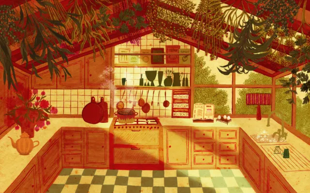 Illustrated botanical kitchen by Rosanna Tasker with red cabinets and hanging plants