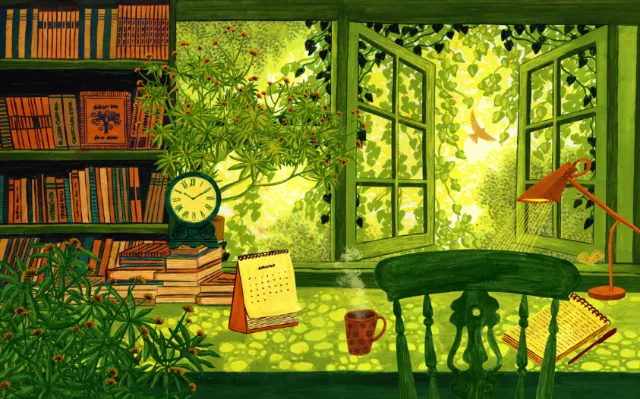 Rosanna Tasker illustration of a library opening onto a sunny garden