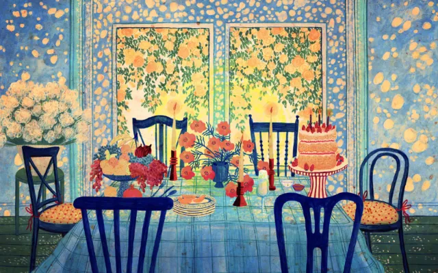 Rosanna Tasker's colorful dining room with flowers, table settings, and blue chairs