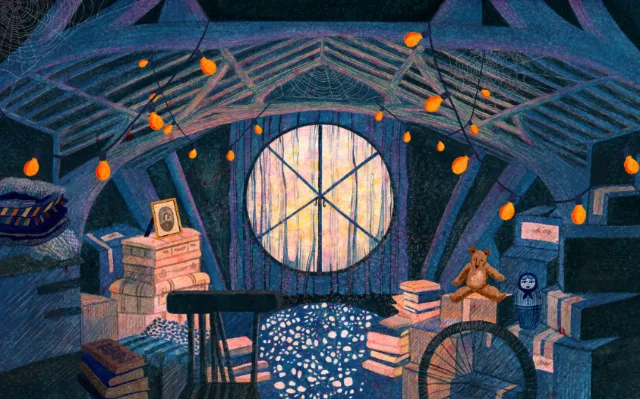 Blue library interior with round window, books, and glowing lights by Rosanna Tasker