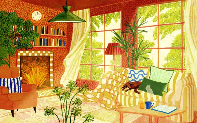 Colorful midcentury living room illustration by Rosanna Tasker