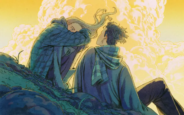 Mart Lett illustration of two figures sitting on a mountain at sunrise