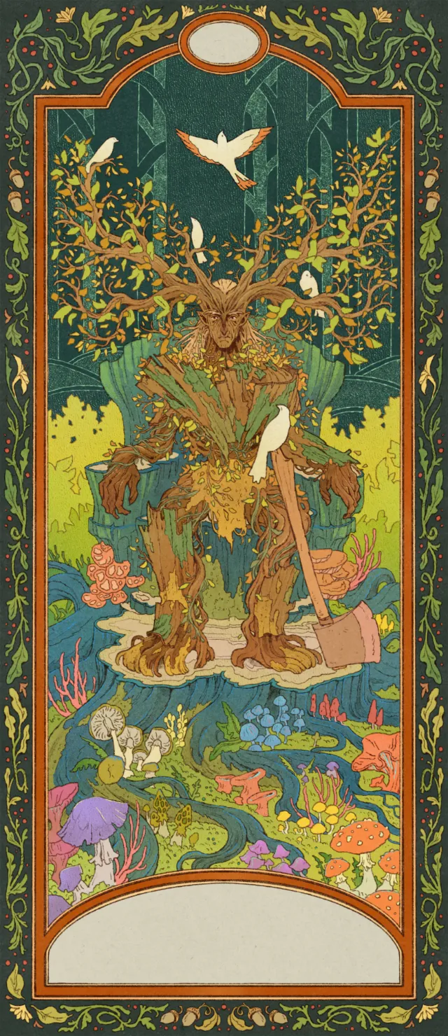 Mart Lett forest card with a deer, bird, flowers, and ornate border