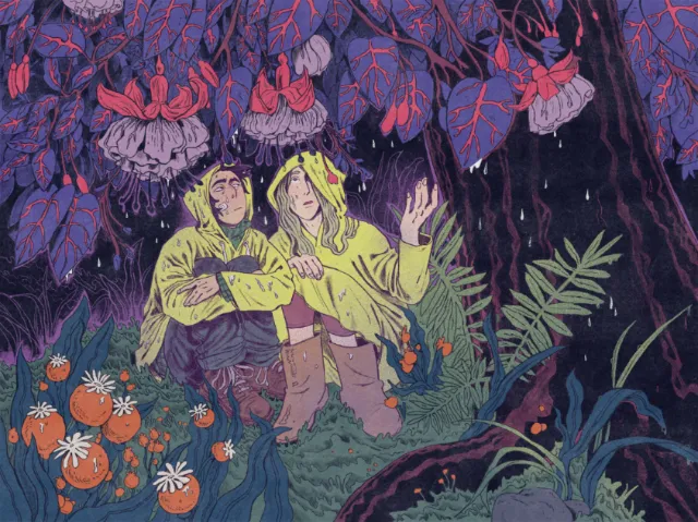 Mart Lett illustration of two figures beneath a giant purple-leaved tree