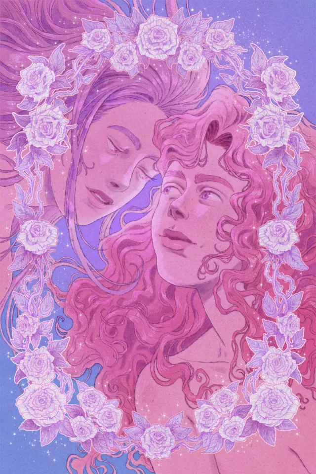 Mart Lett illustration of two women reaching toward each other among flowers