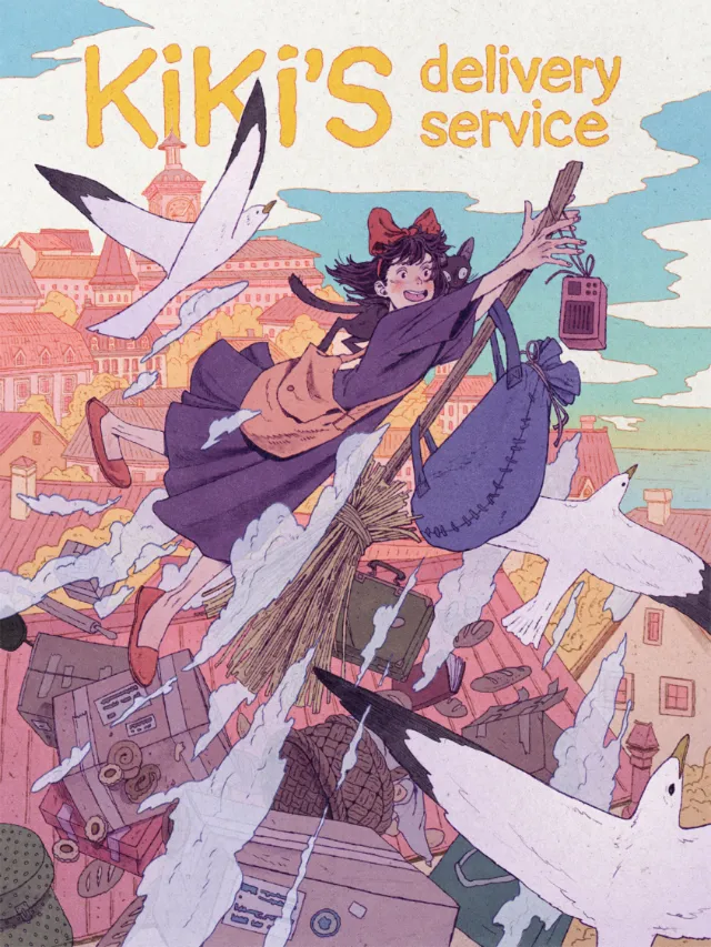 Mart Lett poster showing Kiki flying above a seaside town
