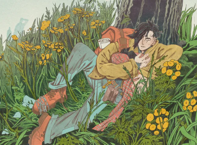 Mart Lett illustration of a person lying among dense wildflowers