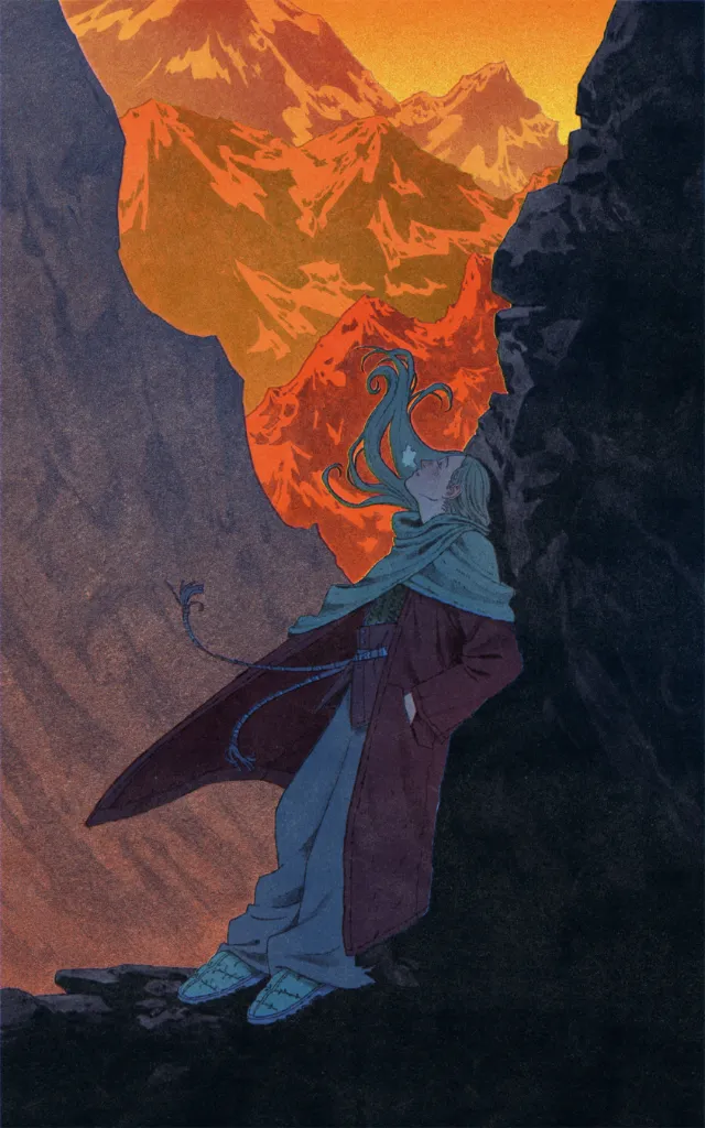 Mart Lett illustration of a tired traveler resting among glowing mountain peaks