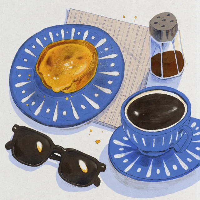 Illustration by Mart Lett of a pastel de nata, coffee, cinnamon, and sunglasses