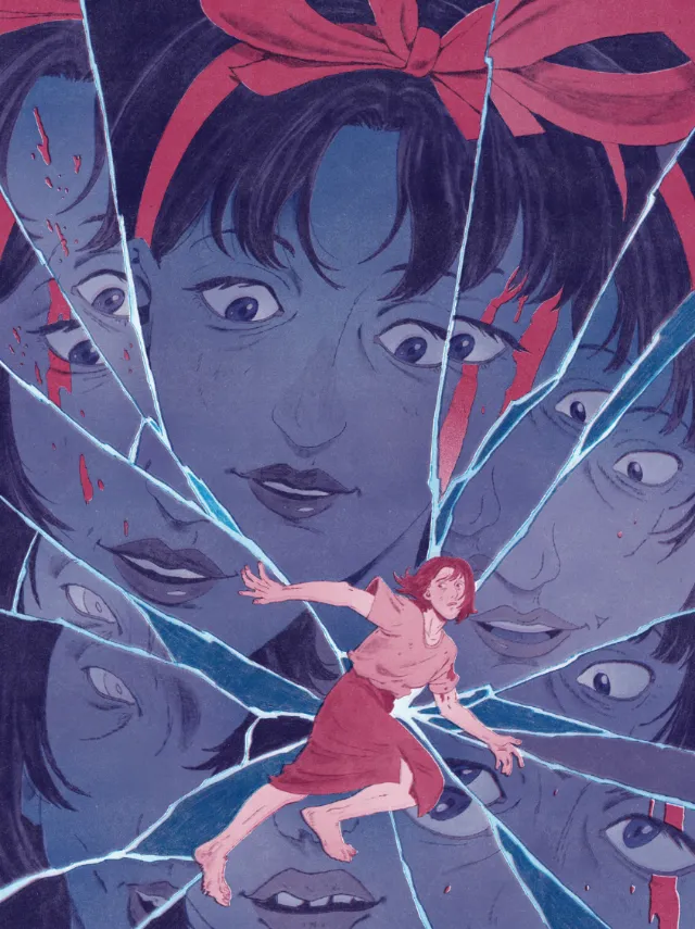 Mart Lett illustration of a woman surrounded by fractured faces and a running figure