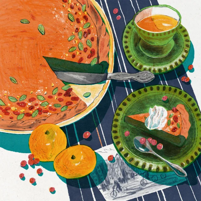 Mart Lett illustration of pumpkin pie, oranges, tea, and cranberries on green tableware