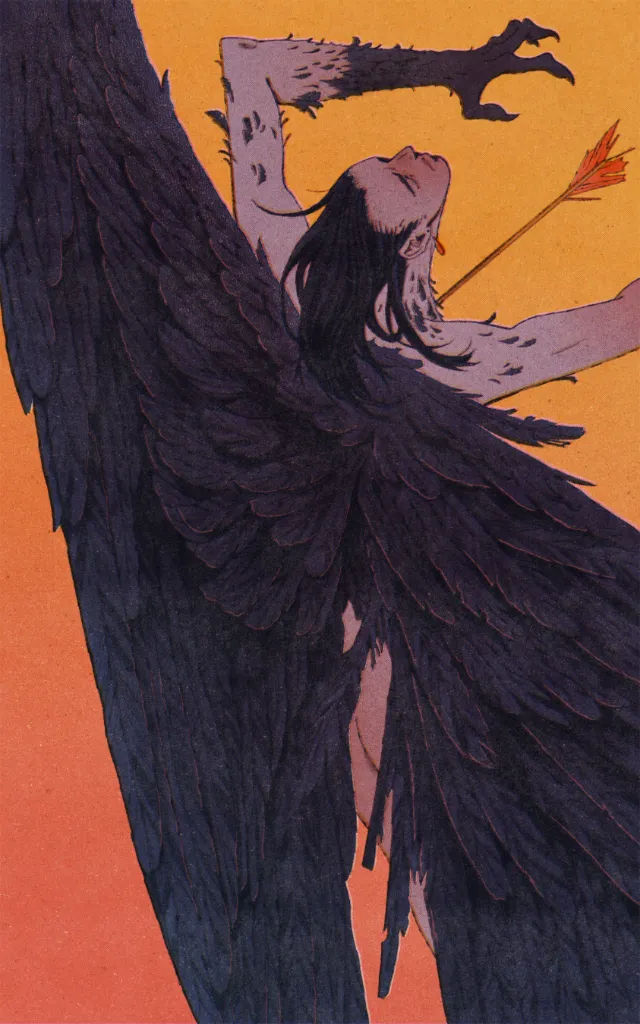 Mart Lett illustration of a fallen winged figure pierced by an arrow