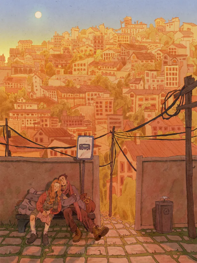 Illustration by Mart Lett of two people asleep on a bench by a bus stop