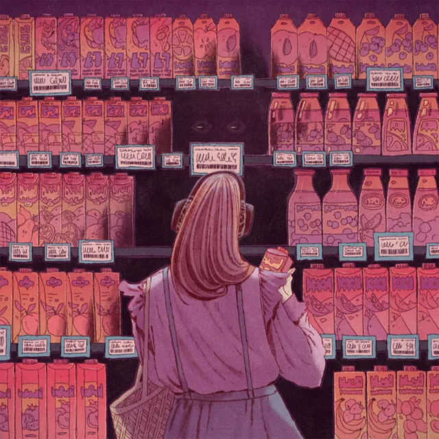 Illustration by Mart Lett of a woman shopping among colorful grocery shelves