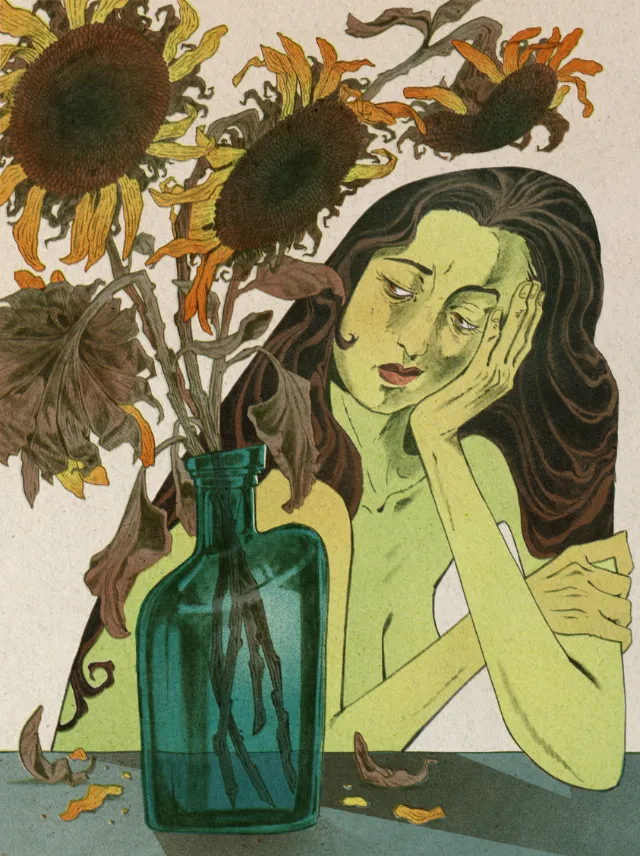 Mart Lett illustration of a melancholic woman beside withering sunflowers