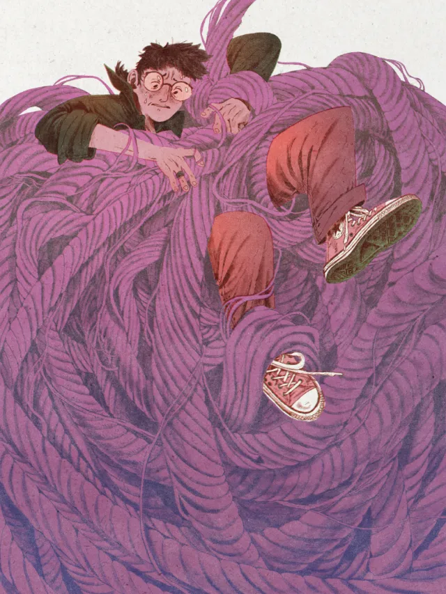 Mart Lett illustration of a figure tangled in enormous purple threads