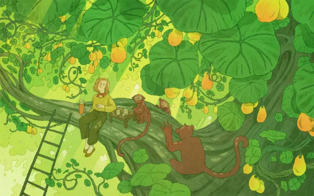 Mart Lett illustration of a tea drinker and monkeys in a leafy tree