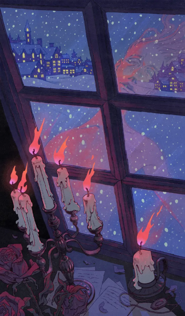 Mart Lett's ghostly figure and candles beside a snowy window at night