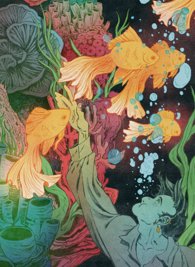 Mart Lett's underwater scene with golden fish, coral, seaweed, and a drifting figure