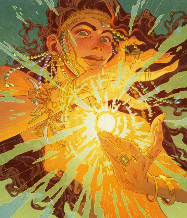 Mart Lett illustration of a witch holding a radiant burst of light