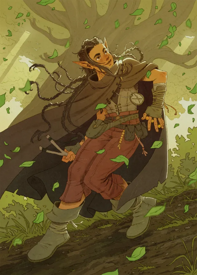 Illustration by Mart Lett of a fantasy adventurer climbing through a leafy forest